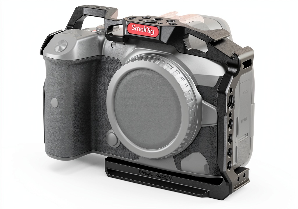 SmallRig camera cage mounted on a Canon R5 with accessories